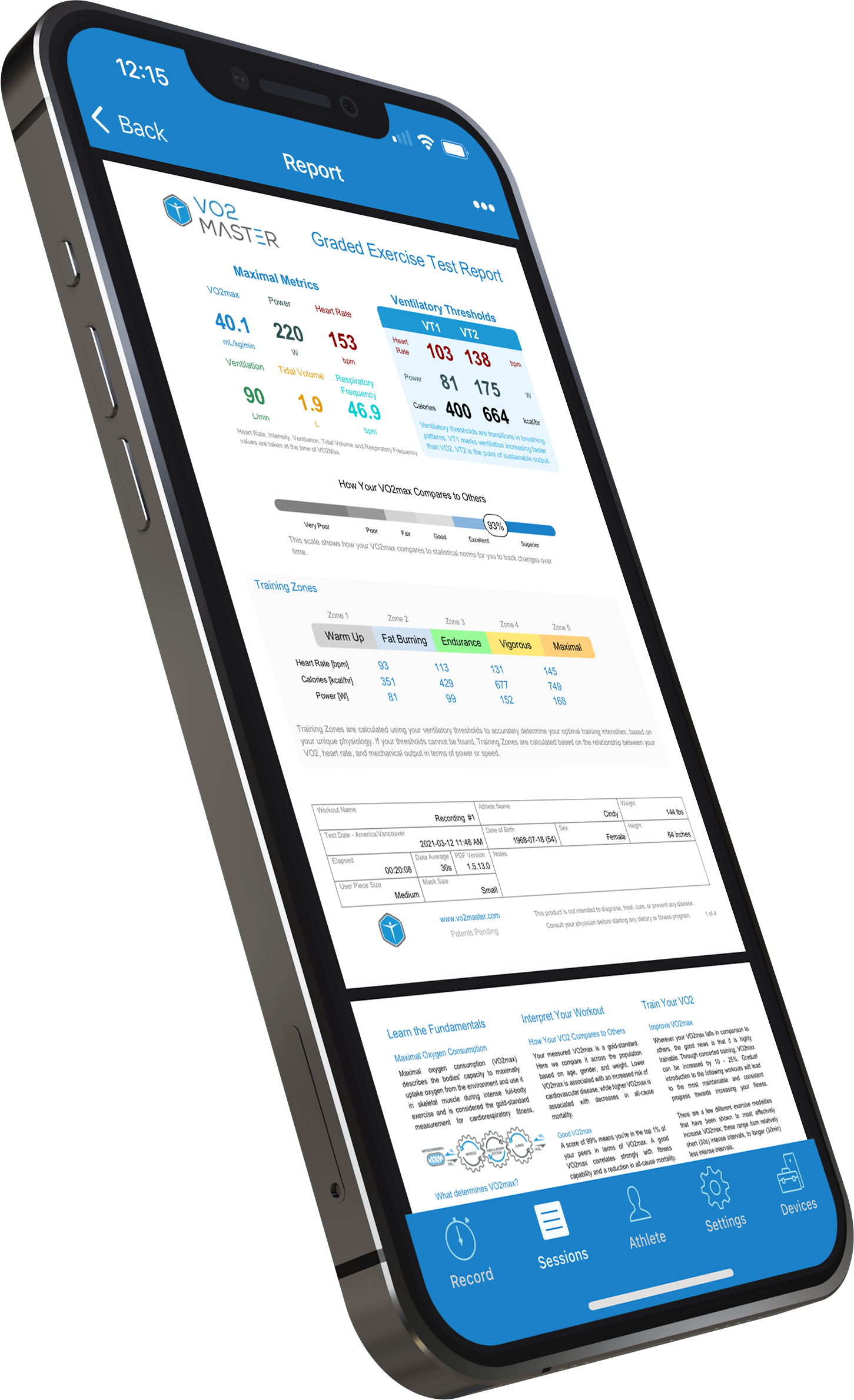 VO2 Master app showing a graded exercise test report on a phone